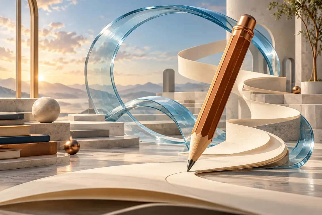 Conceptual ACT preparation illustration: sky-blue glass kinetic arcs and a warm copper pencil sculpture, bright contemporary academic studio with cream paper pathways