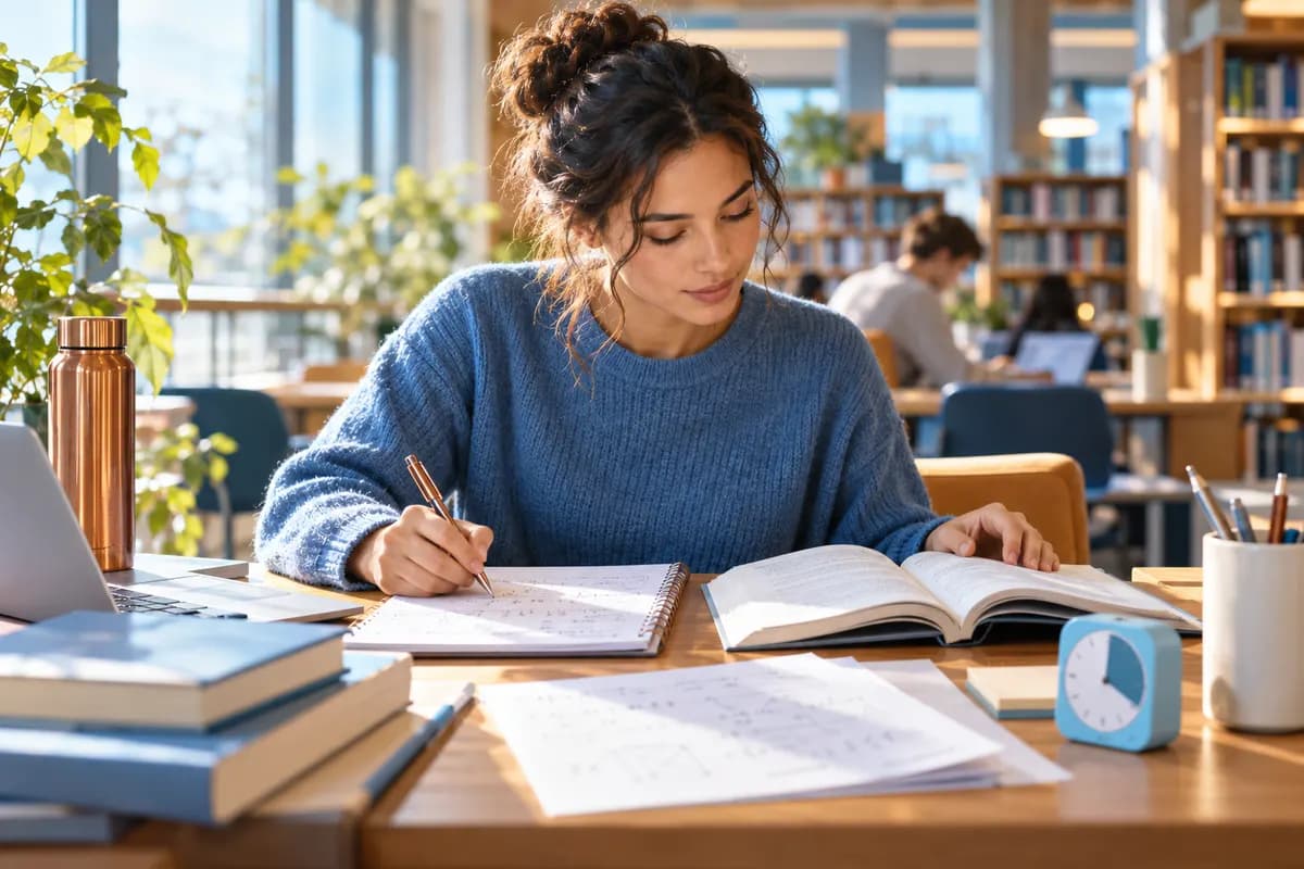 Illustration of an adult student studying a small set of maths and reading exercises at a sunlit modern library desk, plain timer and organised scratch paper, sky blue and warm copper accents, quiet purposeful expression, cinematic editorial photograph, no visible score, legible exam content or logos..