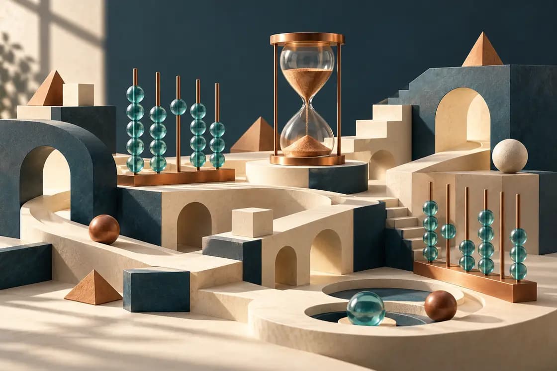 Conceptual Acumine Aptitude preparation illustration: playful precision reasoning blocks with teal glass numberless abacus forms, copper hourglass and ivory geometric pathways