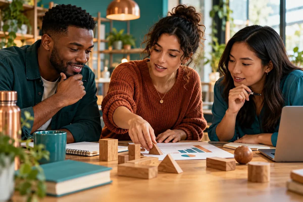 Illustration of three diverse adult job applicants collaborating on a numerical reasoning exercise at a bright shared study table, wooden geometric pieces and a simple unlabelled chart, teal and copper palette, energetic thoughtful discussion, candid cinematic photograph, no recruiter, company logo or readable test content..