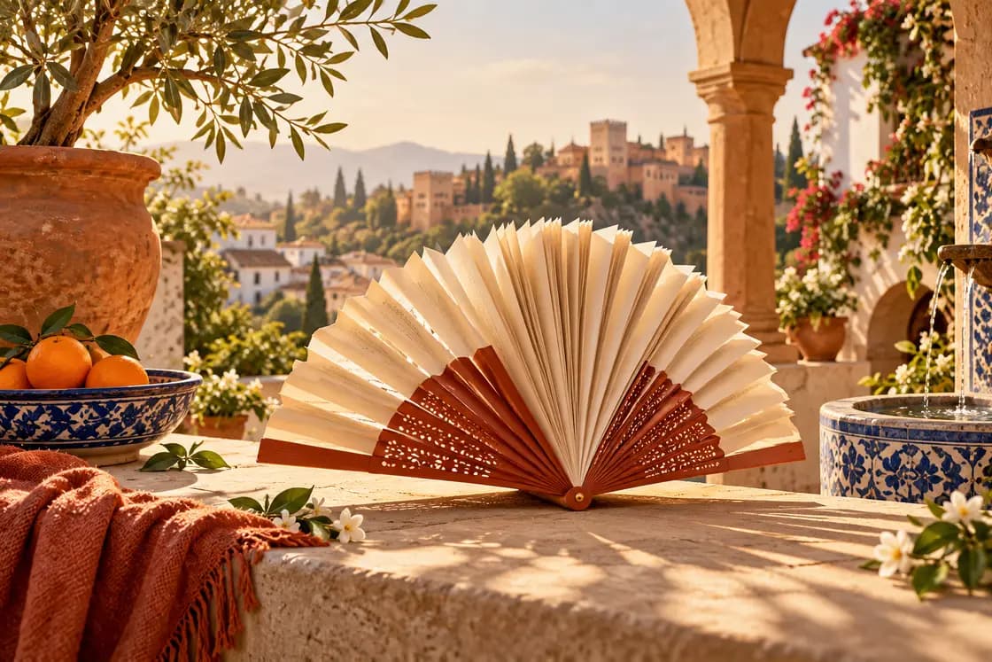 Conceptual DELE Spanish B2 preparation illustration: Spanish terracotta courtyard, folded paper fan becoming a book, golden afternoon light and cobalt ceramic accents