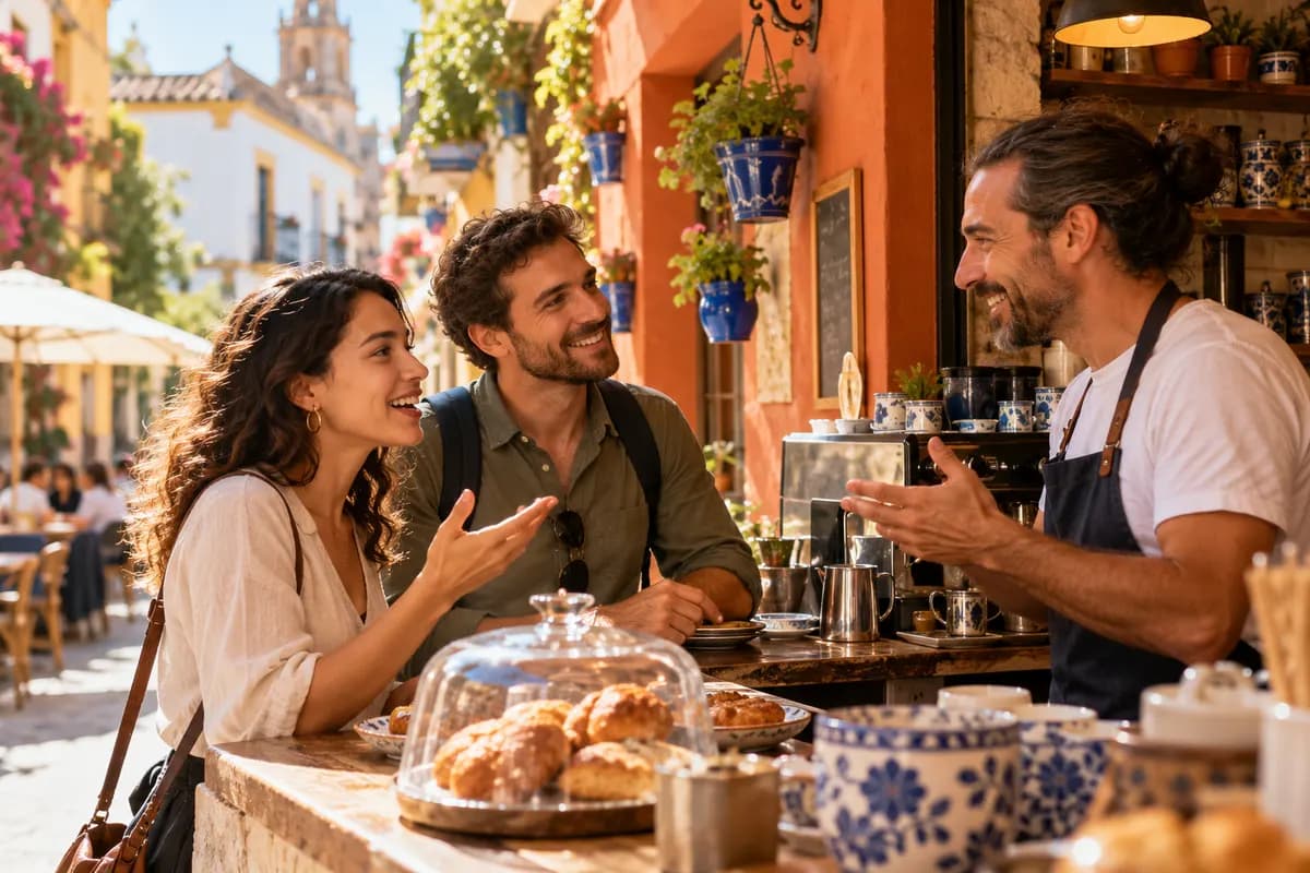 Illustration of two adult international Spanish learners ordering at a small sunlit Spanish neighbourhood cafe with a friendly adult barista, expressive natural conversation, terracotta facade, warm yellow light and cobalt ceramics, no menu text, candid editorial travel photograph..