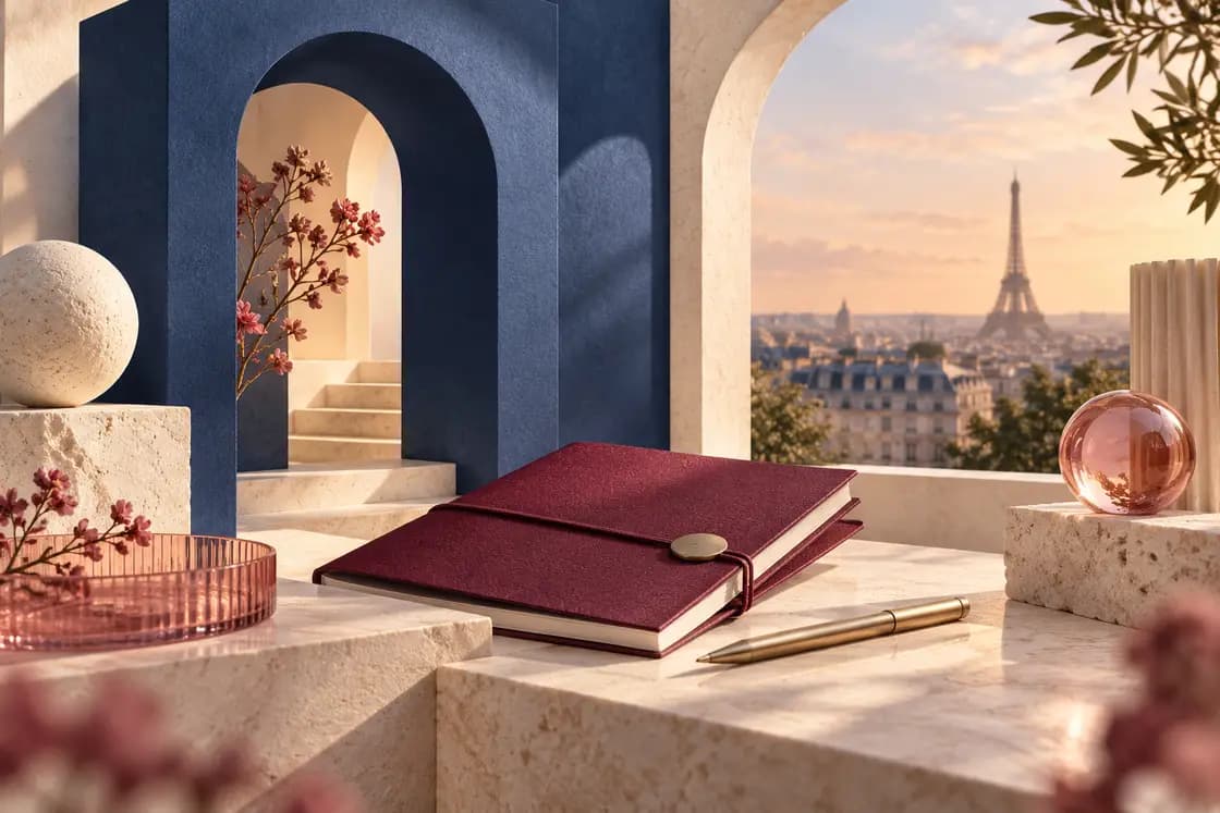 Conceptual DELF B2 French preparation illustration: French atelier with ultramarine paper arches, burgundy folded notebook, ivory limestone and subtle rose glass