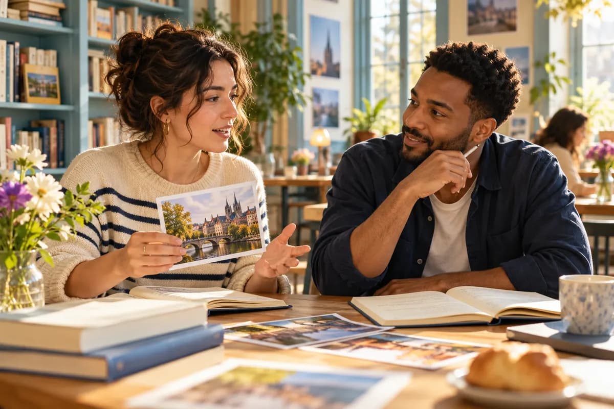 Illustration of two adult French learners working together at a sunlit Francophone cultural-centre reading table, one describing a photo while the other listens, pale blue shelves, cream notebooks, fresh flowers and soft golden window light, no legible writing or recognisable institution..