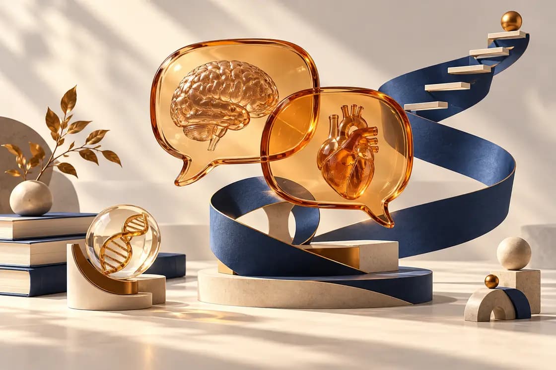 Conceptual Duolingo English Test (DET) preparation illustration: playful sophisticated amber glass conversation bubbles, indigo folded ribbons, cream desktop, contemporary digital learning sculpture