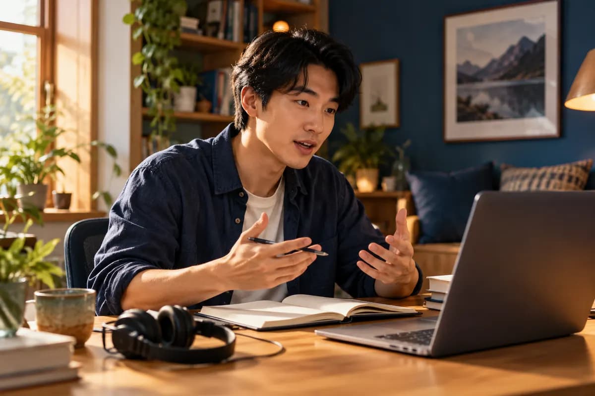 Illustration of an adult East Asian student rehearsing an English response at a tidy quiet home study desk, laptop screen turned away, wired headphones beside notebook, warm amber daylight and indigo room accents, candid expressive posture, uncluttered calm setting, no test software or visible text..