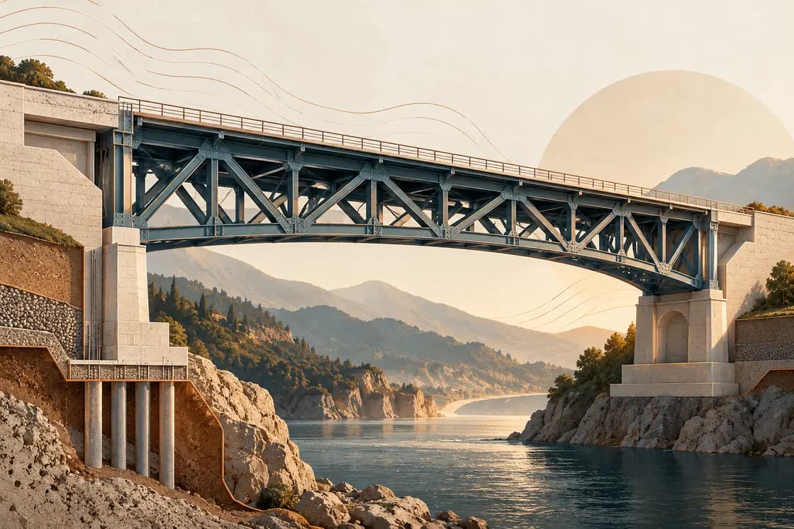 Conceptual GATE CE preparation illustration: civil-engineering bridge section in architectural limestone paper, steel-blue structural truss and copper contour lines