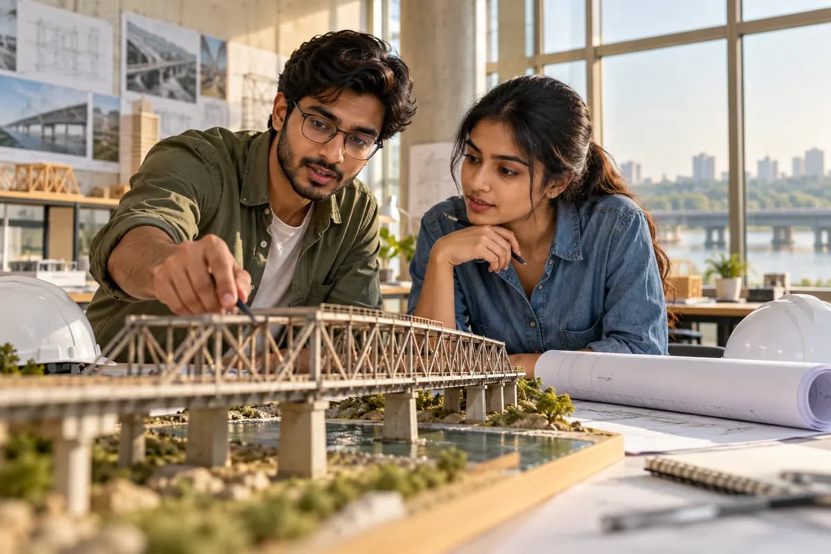 Illustration of two adult Indian civil engineering students discussing a tabletop bridge model and a rolled structural drawing at a bright engineering studio, safety helmets resting on table, warm sandstone and blue-green palette, low-angle details of model trusses, no readable drawing labels..