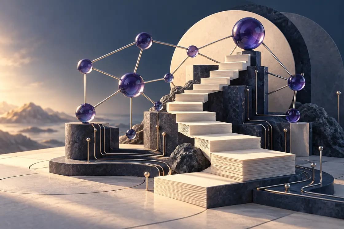 Conceptual GATE CS preparation illustration: computer-science graph nodes formed in dark indigo glass, a precise algorithmic paper staircase, silver circuitry, no readable code