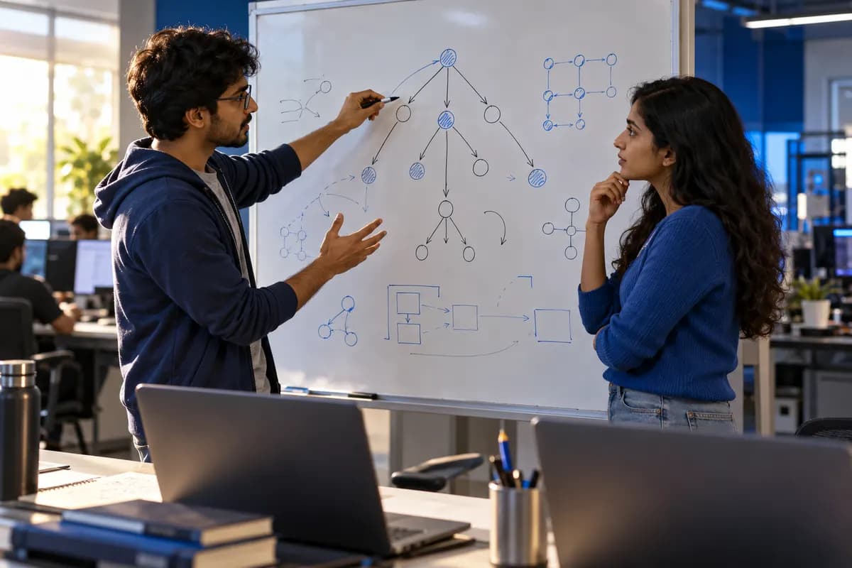 Illustration of two adult Indian computer science graduates discussing an algorithm on a clear whiteboard with abstract non-readable node diagrams in a contemporary university computing lab, laptop backs in foreground, cobalt blue accents and warm natural side light, authentic engineering study photograph..