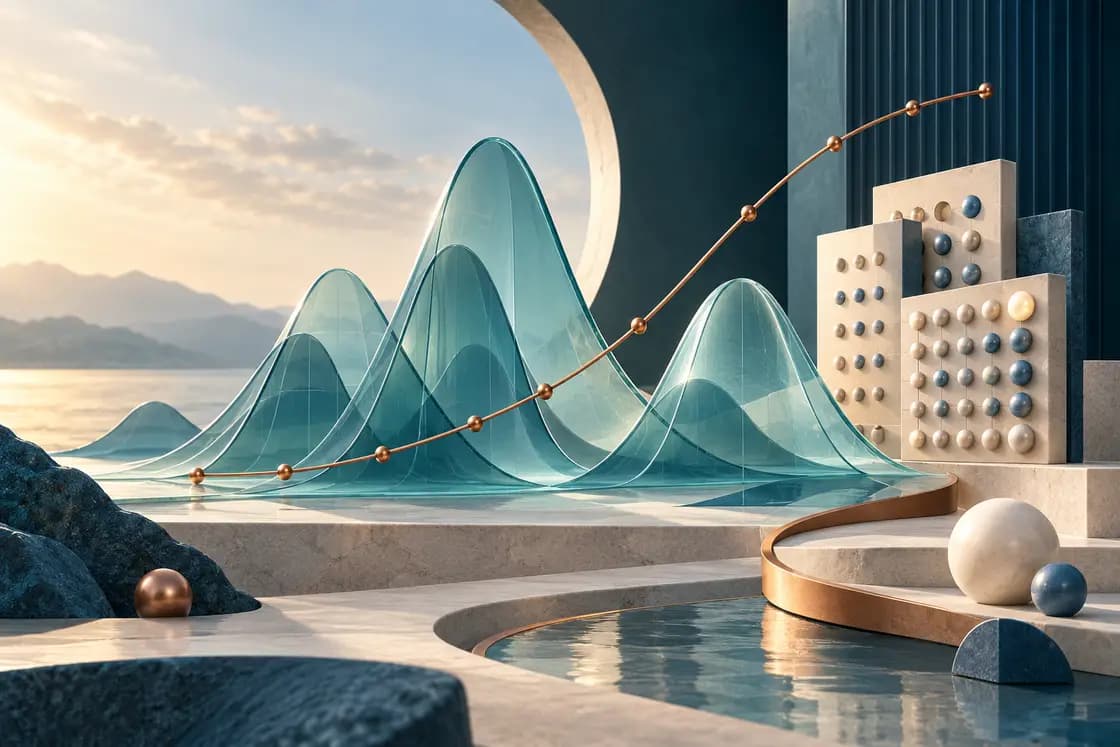 Conceptual GATE DA preparation illustration: data-science probability distributions as translucent teal glass waves, pearl geometric matrices and a precise copper learning curve