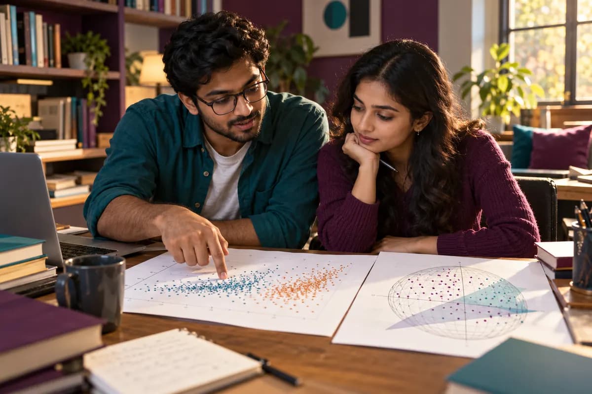 Illustration of two adult Indian data-science students examining a large printed scatter plot without labels and a geometric probability model at a university study desk, one explaining a pattern, plum and teal room accents, warm afternoon window light, no legible screens, cinematic editorial photograph..