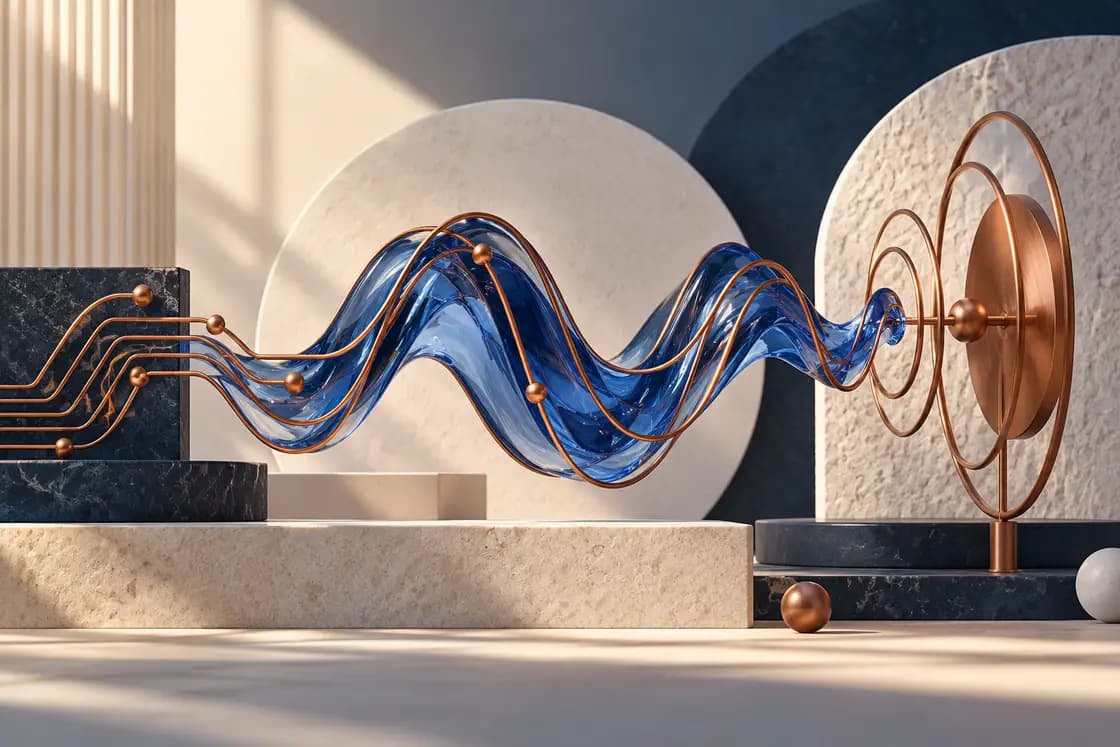 Conceptual GATE EC preparation illustration: radio-frequency wave sculpture in cobalt glass with copper circuit traces, precise ivory electronic structures