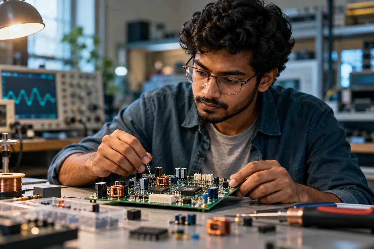 Illustration of an adult Indian electronics engineer examining an unpowered educational circuit board at a university bench, oscilloscope blurred in background, small components neatly arranged, copper and deep cyan accents, careful thoughtful expression, realistic macro-rich documentary photograph, no readable labels..