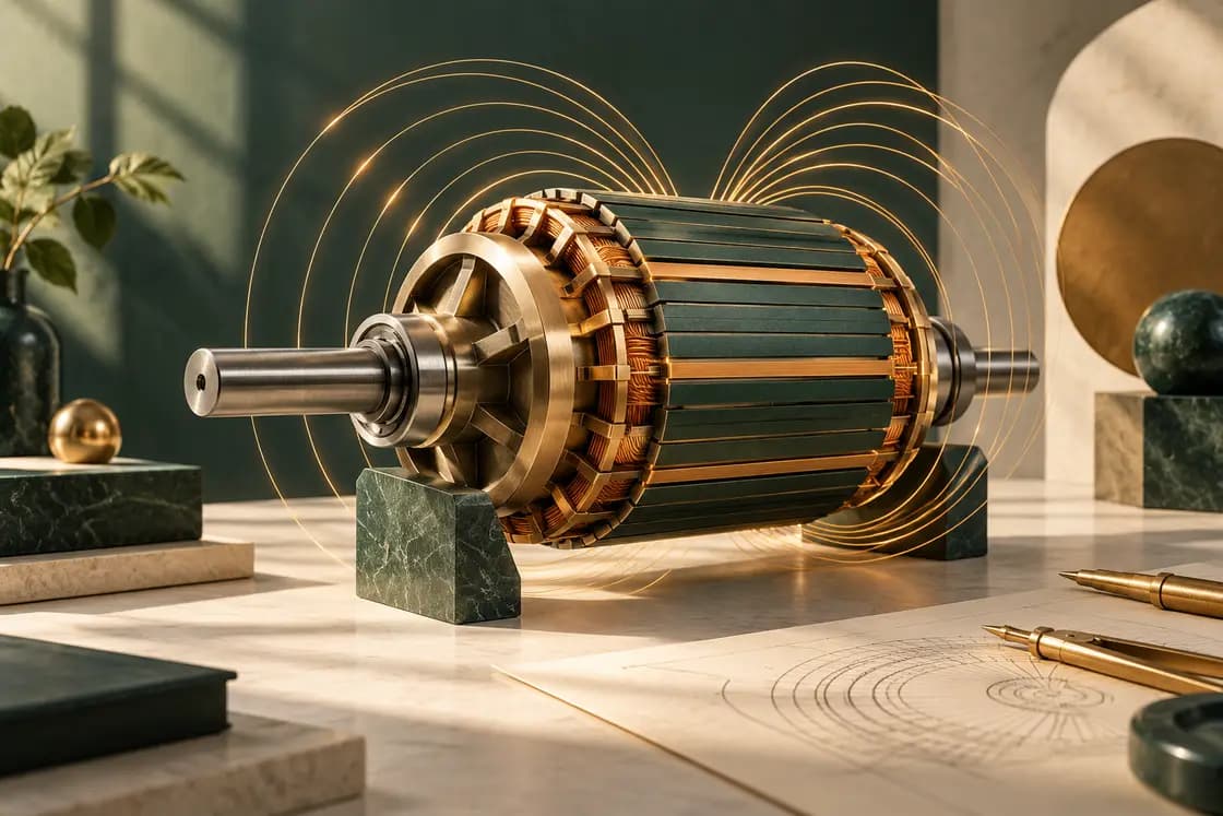 Conceptual GATE EE preparation illustration: sculptural electrical machine rotor with warm brass magnetic field arcs, forest-green ceramic and ivory engineering desk