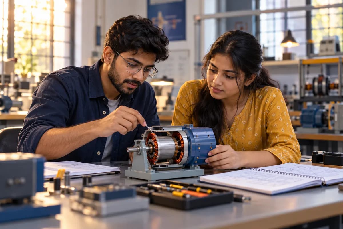 Illustration of two adult Indian electrical engineering students examining a small isolated low-voltage educational motor model on an organised lab bench, notebooks nearby, navy and amber tones, warm window light, no exposed mains wiring or work on live equipment, no readable labels..