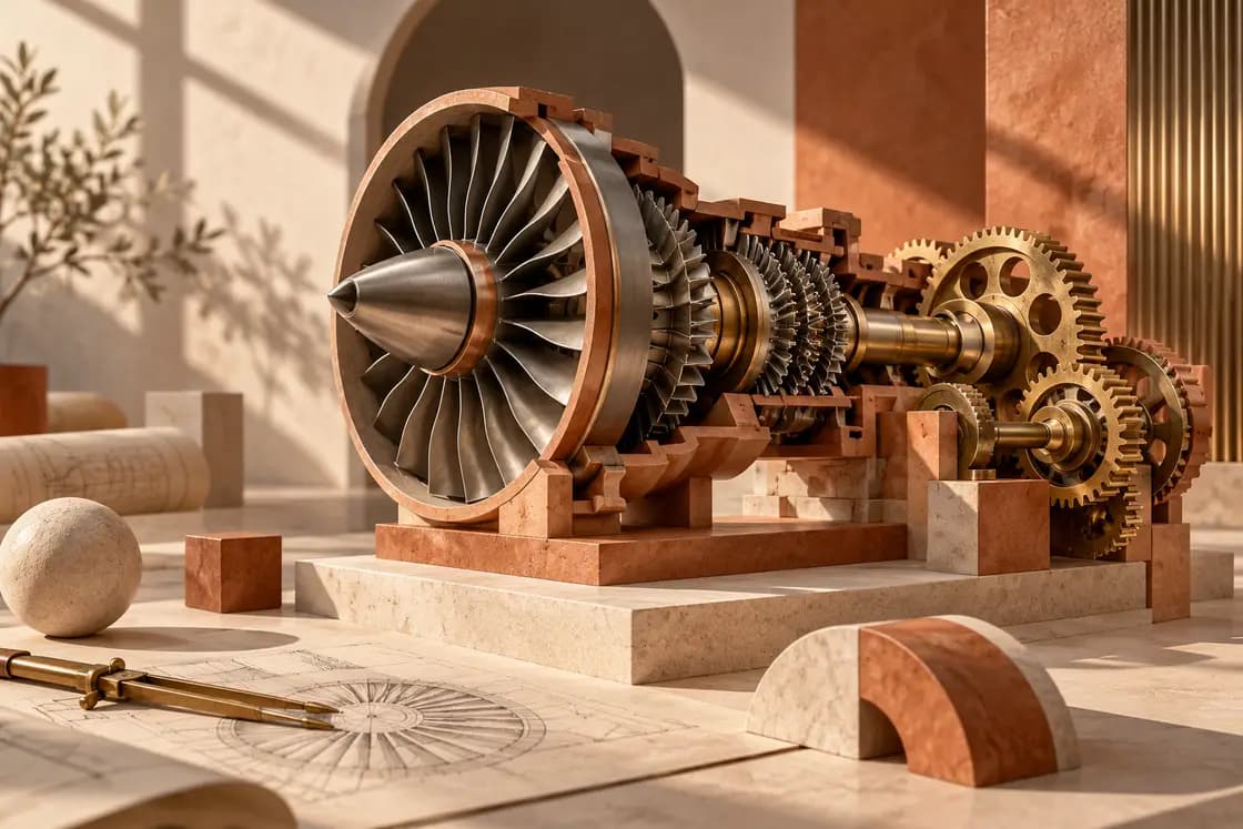 Conceptual GATE ME preparation illustration: precision mechanical turbine and interlocking brass gears, terracotta engineering maquette, cream workshop with beautiful hard shadows