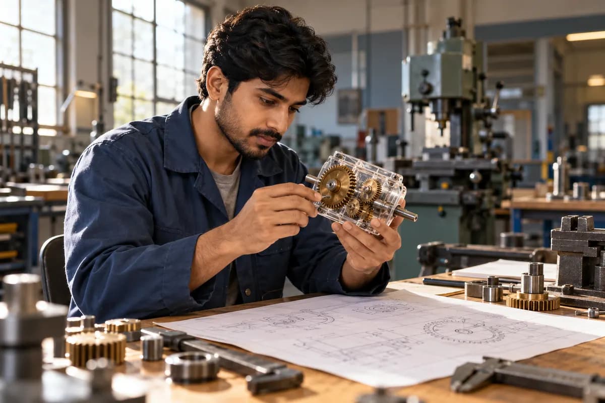 Illustration of an adult Indian mechanical engineering graduate reviewing a small transparent gear assembly and engineering sketch at a university workshop desk, steel-blue work jacket, warm copper gears, tactile metal surfaces and natural side lighting, no running machinery, cinematic editorial photograph..