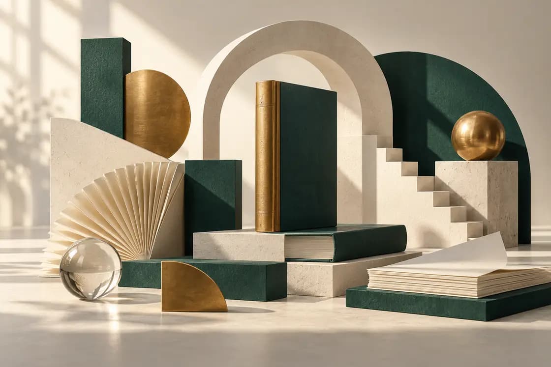 Conceptual Goethe-Zertifikat B1 preparation illustration: Bauhaus-inspired bottle-green geometric blocks, brass book spine, precision paper structures in a warm ivory studio