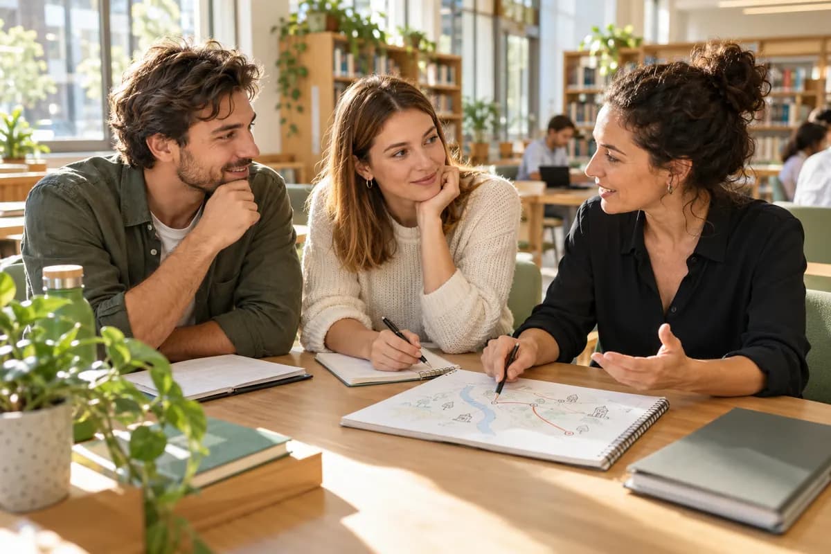 Illustration of two adult German learners discussing a small practical plan with a tutor at a bright modern library table, simple route sketch without labels and notebooks, sage green chairs, clean oak surfaces, warm morning light, candid European editorial photograph, no readable words..
