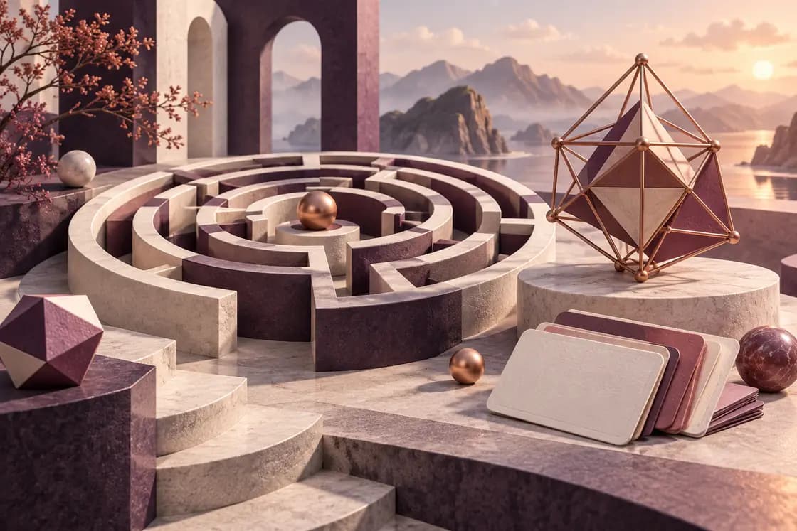 Conceptual GRE preparation illustration: plum and ivory abstract reasoning labyrinth, rose-copper geometric proof sculpture and sculpted paper vocabulary cards without text