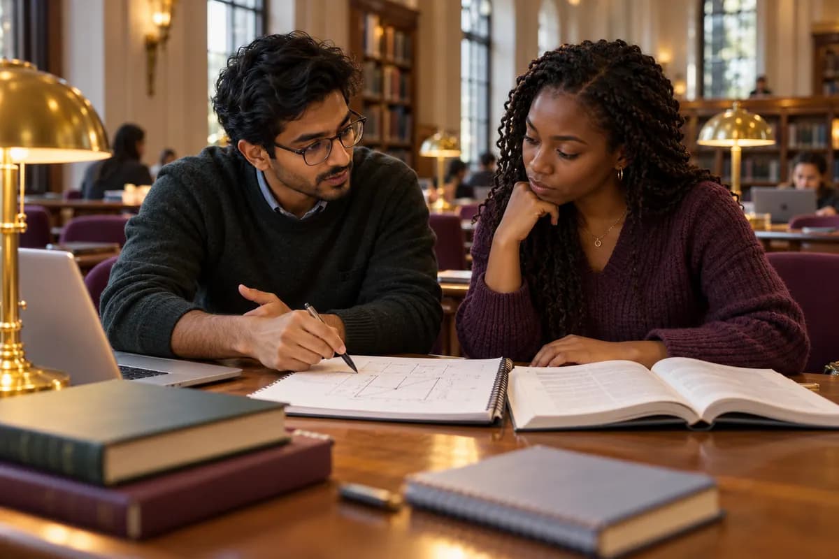 Illustration of two adult graduate-school applicants discussing a quantitative reasoning sketch and an academic reading passage at a quiet library table, South Asian man and Black woman, plum-coloured chairs, warm brass lamps and soft daylight, notebooks without readable text, thoughtful cinematic photograph..