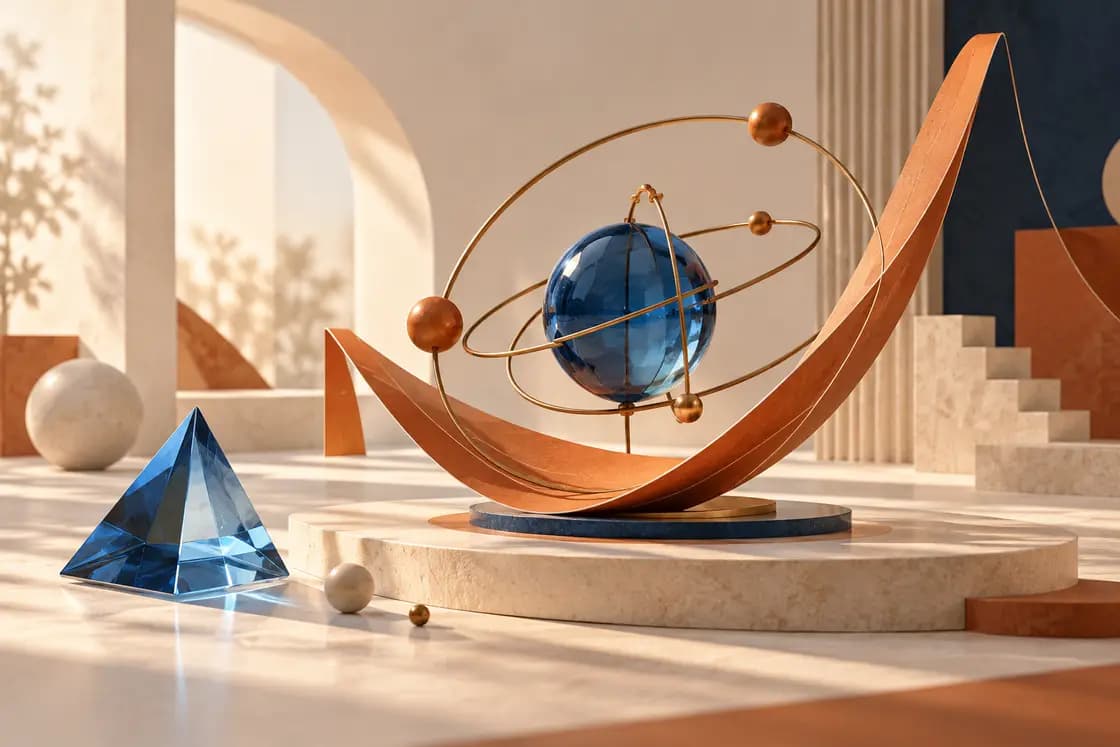 Conceptual JEE Main preparation illustration: kinetic mathematics orbital sculpture, blue glass prism, warm orange paper parabola and ivory science studio