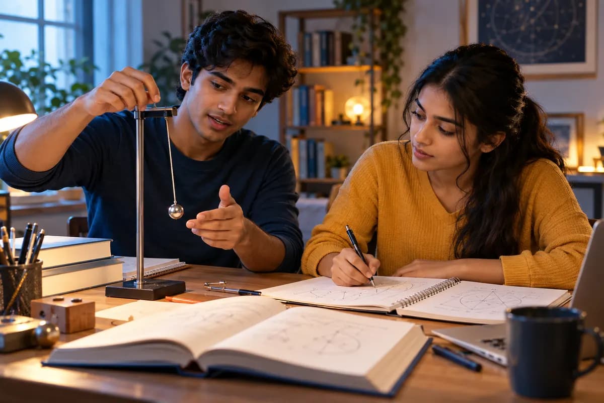 Illustration of two Indian students aged eighteen or older studying physics and mathematics at a bright home study table, one explaining a small pendulum model and the other sketching in a notebook, blue and warm amber accents, books with blank spines, sincere cinematic documentary photograph, no readable text..