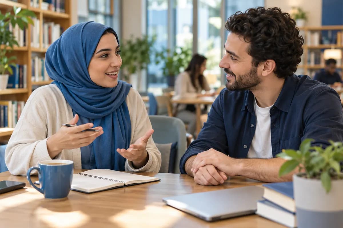 صورة توضيحية لمتعلّمة بالغة تتدرّب على محادثة بالإنجليزية مع زميلة في مكتبة.