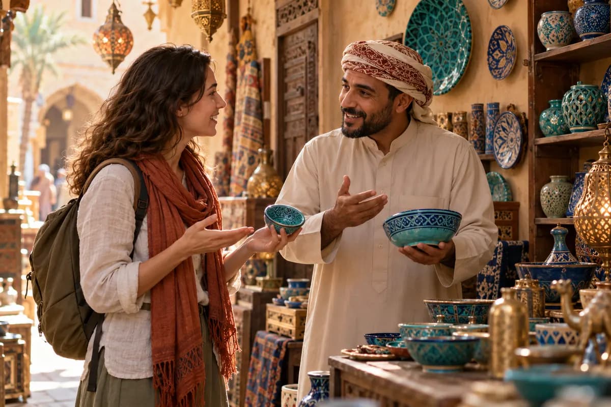 Illustration of an adult English-speaking learner talking with a friendly adult Arab shopkeeper at a small contemporary craft shop in an Arab city, sand-coloured walls, turquoise ceramics and warm afternoon light, expressive welcoming conversation, cinematic candid editorial photograph, no readable writing, logos or flags..