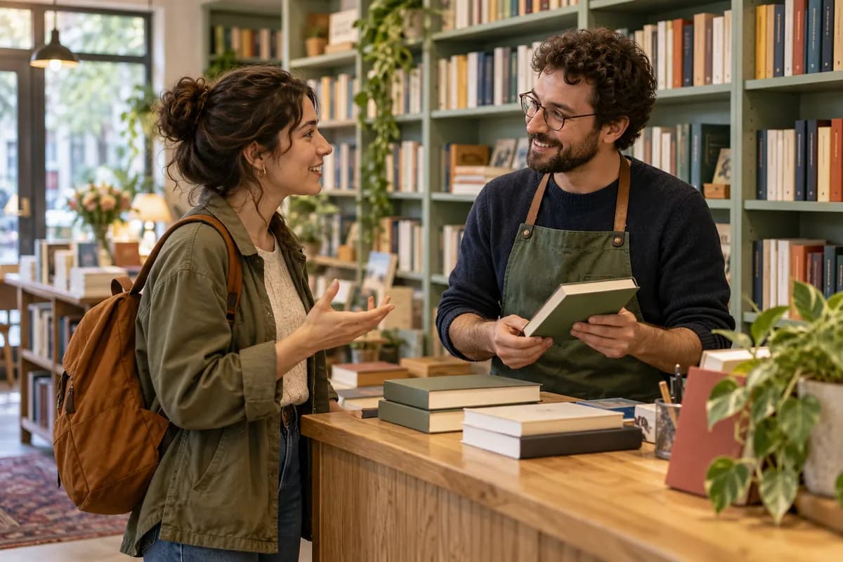 Illustration of an adult English-speaking newcomer practising a simple German conversation with a friendly adult bookseller in a bright independent bookshop, sage-green shelves and oak counter, all book spines blank, warm relaxed gestures, cinematic editorial photograph, no readable signs or logos..