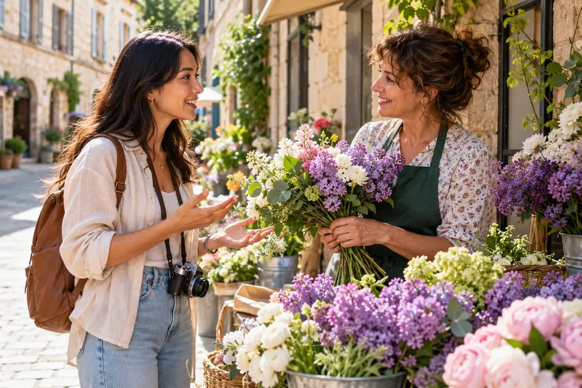 Illustration of an adult international traveller practising a simple French conversation with a friendly adult florist at a sunlit neighbourhood flower stall in France, lilac flowers and cream stone walls, warm candid smiles and expressive gestures, cinematic editorial photograph, no readable signs, prices or logos..