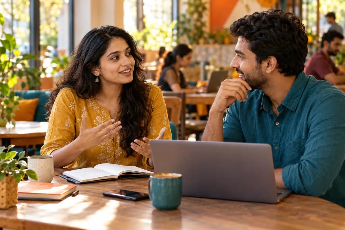 एक वयस्क महिला के कैफ़े में सहकर्मी के साथ अंग्रेज़ी बातचीत का अभ्यास करने का चित्र।