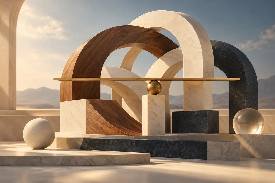 Conceptual LSAT preparation illustration: sculptural logical argument as interlocking walnut and ivory arches, brass balance beam without scales or legal insignia