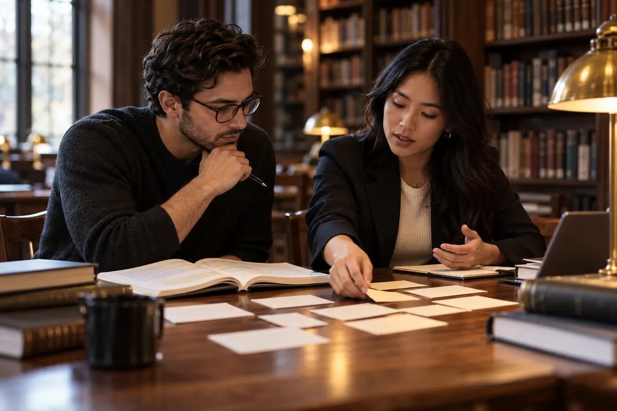 Illustration of two adult law-school applicants discussing an annotated reading passage at a walnut library table, one mapping an argument using plain cards without readable writing, charcoal and warm brass accents, focused candid expressions, cinematic photograph, no courtroom, gavel or institutional branding..