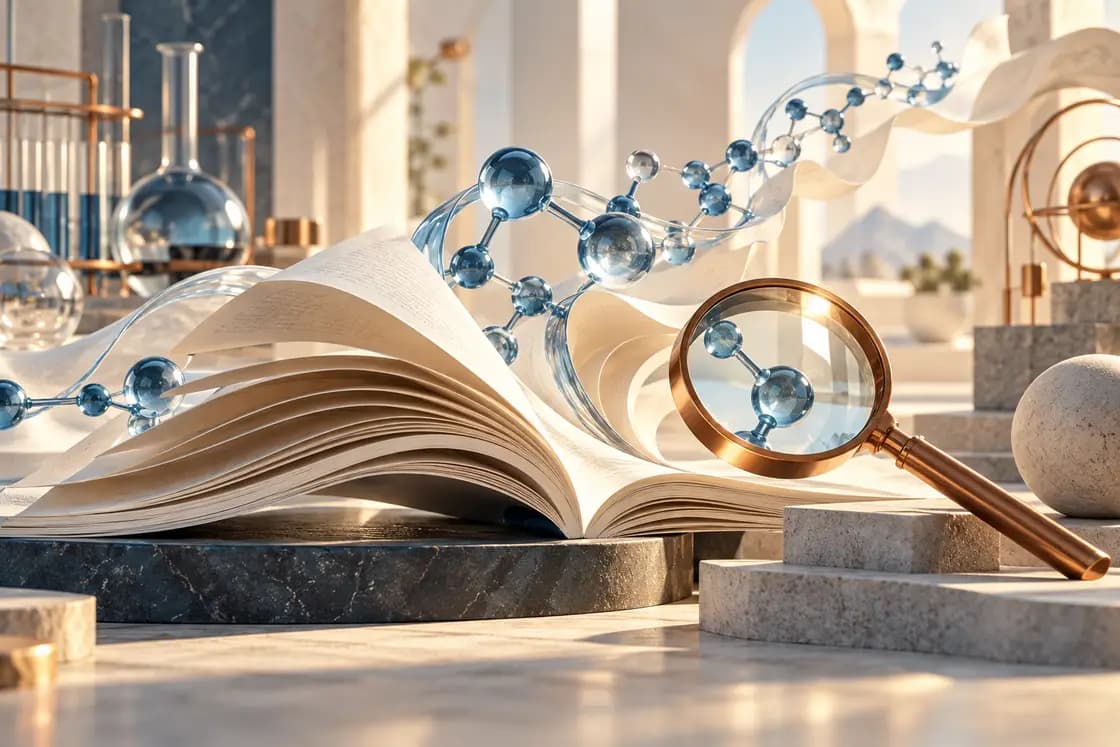 Conceptual MCAT preparation illustration: scientific reading pathway with translucent blue molecular glass and a sculptural paper research journal, copper lens and bright ivory laboratory