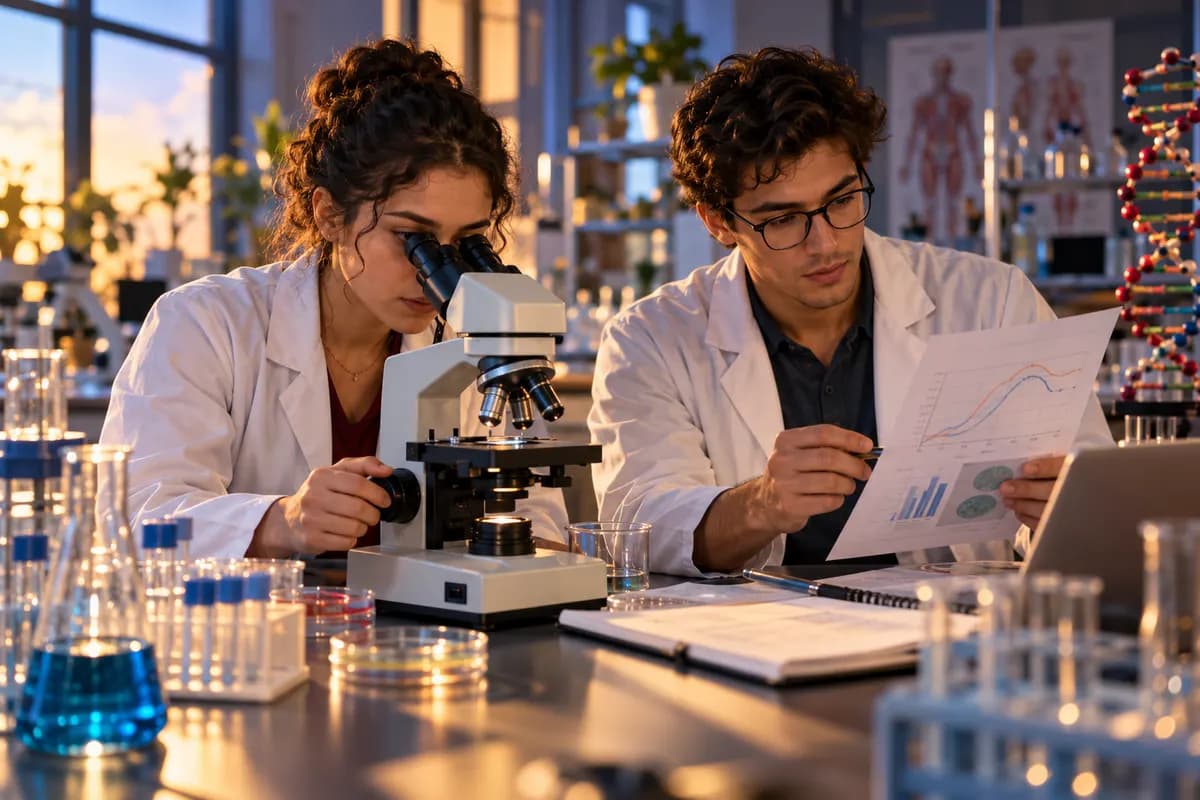 Illustration of two adult pre-med students analysing an experiment in a university biology study laboratory, one looking through a microscope, the other comparing a printed graph with no readable text, glassware and a DNA model in background, indigo and amber afternoon light..