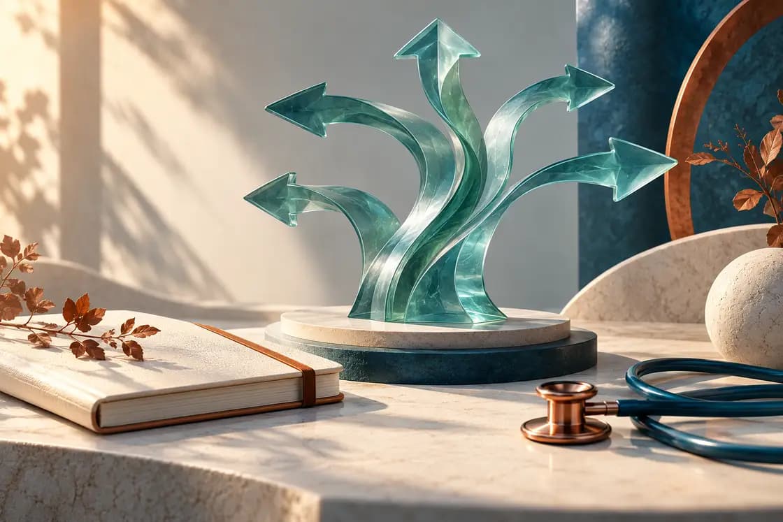 Conceptual NCLEX-RN preparation illustration: nursing clinical-judgment branching pathway as teal translucent sculpture, ivory care notebook and warm coral accents