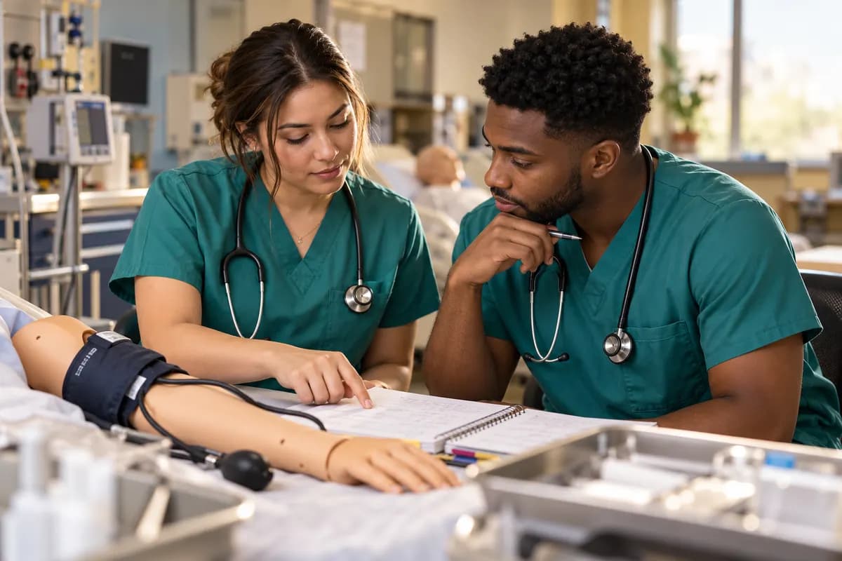 Illustration of two adult nursing students reviewing a care plan at a nursing simulation station with a generic mannequin arm and blood-pressure cuff, one pointing to handwritten non-readable notes.