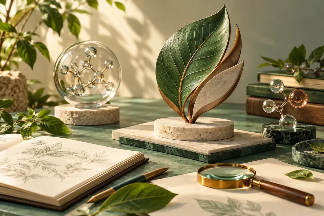 Conceptual NEET UG preparation illustration: botanical leaf sculpture and molecular glass forms on a sage-green medical-study desk, warm ivory paper and gentle natural light