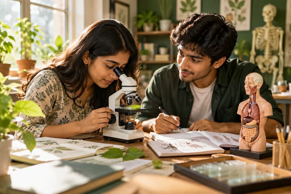 Illustration of two Indian students aged eighteen or older studying biology together with a leaf under a simple microscope and a small anatomical torso model at a sunlit desk, cream and forest-green room, notebooks with non-readable diagrams, warm candid editorial photograph, no clinical procedure..