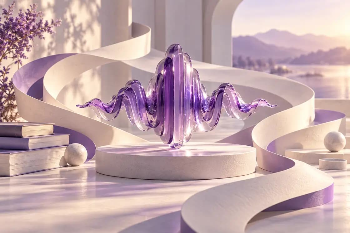 Conceptual PTE Academic preparation illustration: amethyst glass soundwave sculpture, curved paper pathways, pearl-white academic studio and muted lavender light
