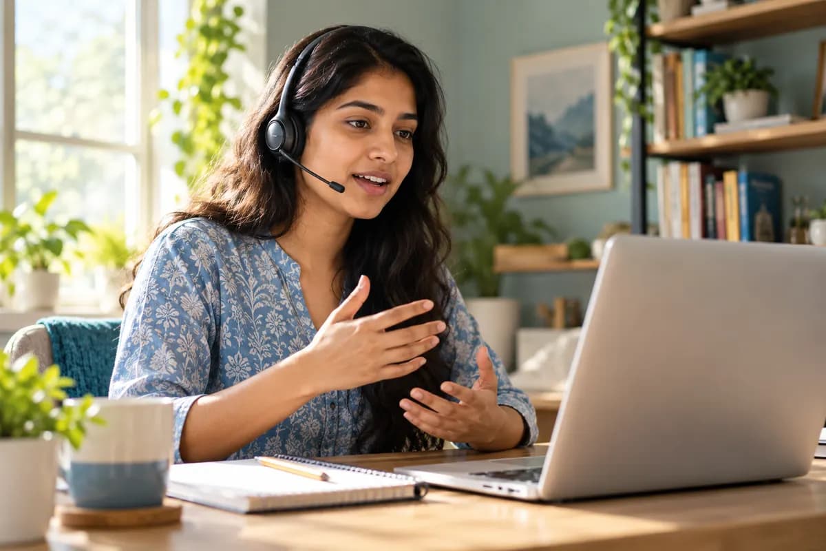 Illustration of an adult South Asian woman practising spoken English into a simple headset microphone at a sunlit desk, notebook and pencil nearby, laptop display turned away, sage and blue home-study palette, warm skin tones, candid focused expression, realistic cinematic photograph, no fake software interface..