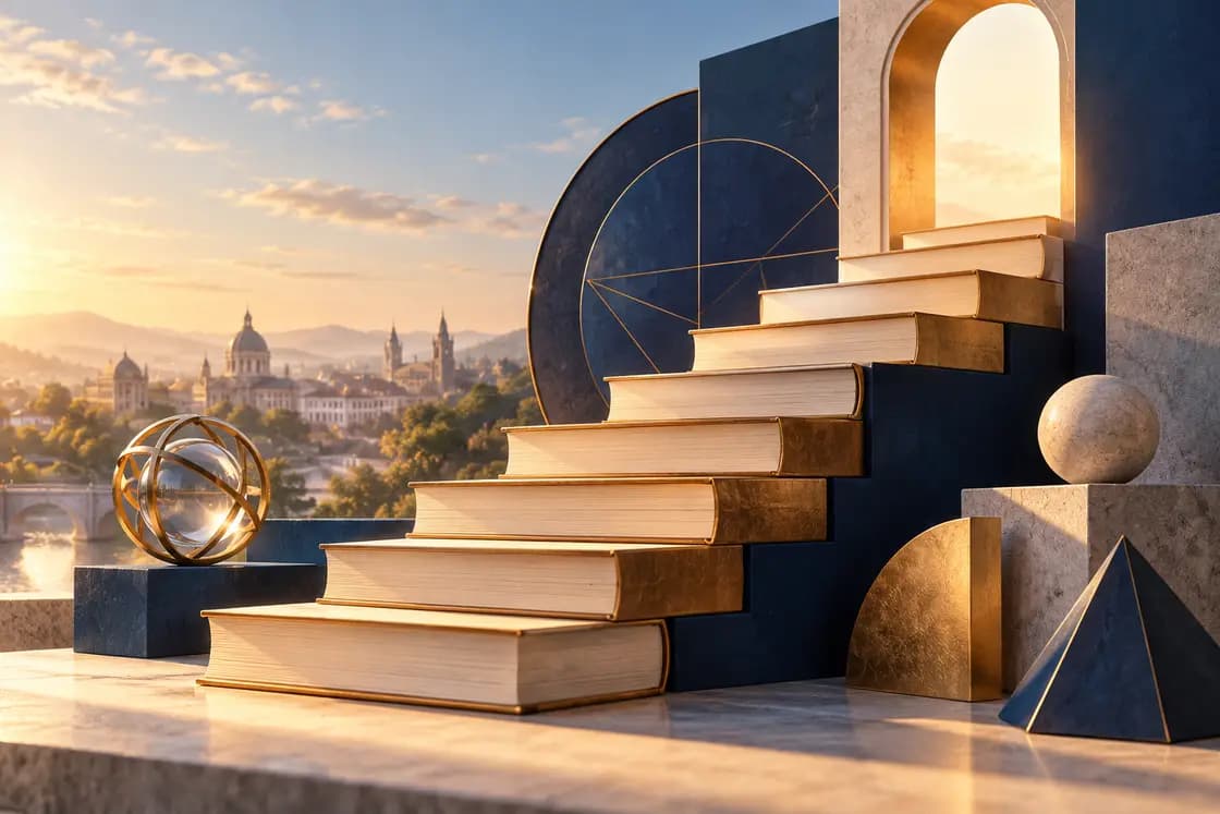 Conceptual SAT preparation illustration: golden paper academic staircase with navy geometric graph forms, morning light, optimistic precise university-study illustration