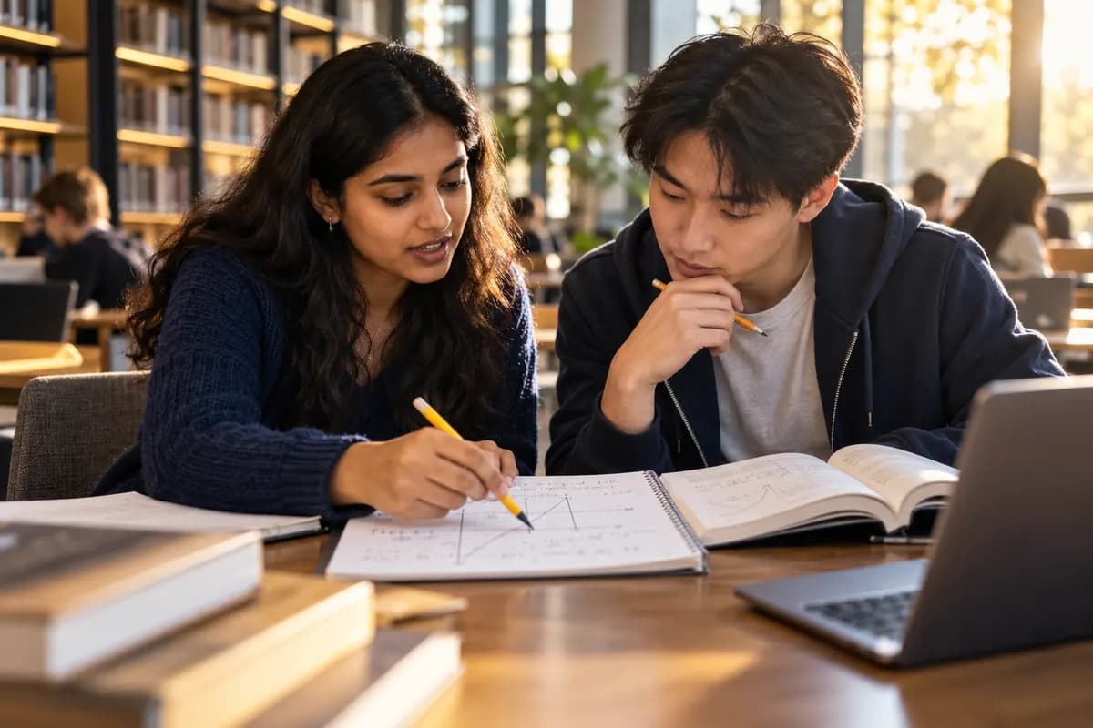 Illustration of two students aged eighteen or older, an Indian woman and an East Asian man, discussing a maths graph and reading exercise at a contemporary university preparation library, navy and golden sunlight, pencils and notebook, natural candid concentration, no readable exam paper or institutional insignia..