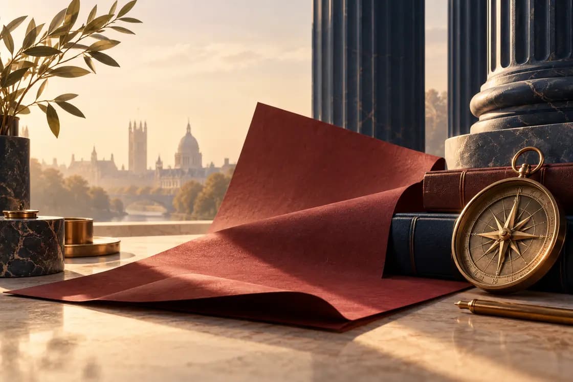 Conceptual SQE1 (FLK1 + FLK2) preparation illustration: English-law study desk with burgundy folded legal paper, navy architectural columns and warm brass compass, no official crest