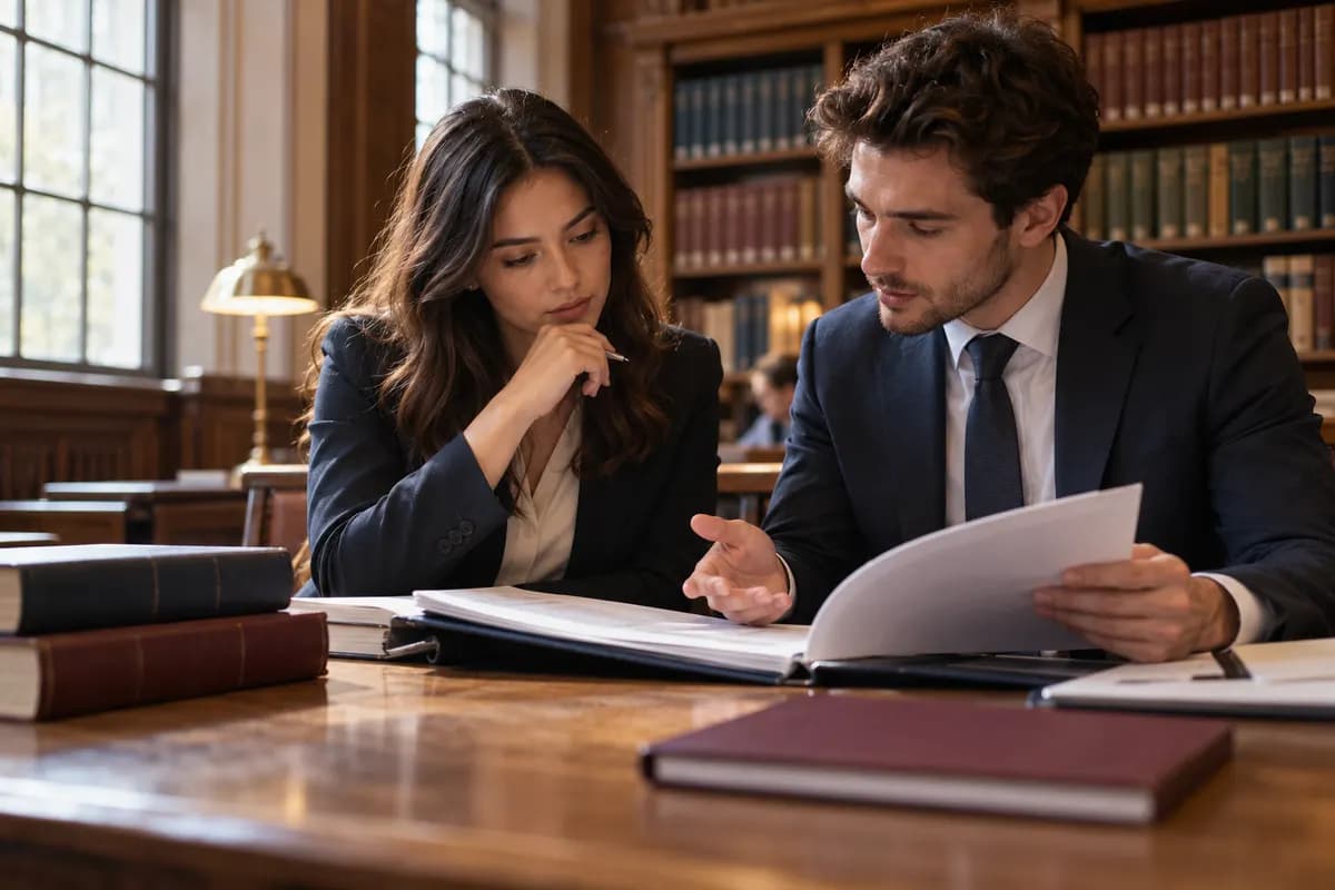 Illustration of two adult aspiring solicitors reviewing a fictional case-study folder at an oak study table in a British legal library, burgundy notebook and navy clothing, books with blank spines and soft window light, practical thoughtful discussion, cinematic photograph, no readable client records, logos or gavel..