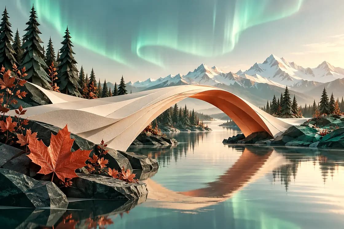 Conceptual TCF Canada preparation illustration: Canadian northern forest, translucent green aurora ribbons, a sculptural paper bridge over still water, warm maple copper