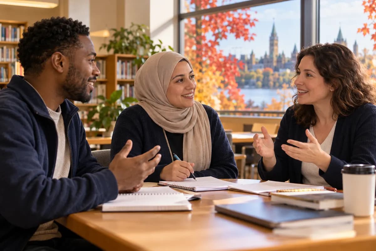 Illustration of two adult newcomers practising a French conversation with a friendly tutor at a community-library table in Canada, autumn maple foliage through a broad window, navy jackets and warm cream room, paper notes without readable text, natural expressive conversation, cinematic documentary photograph..