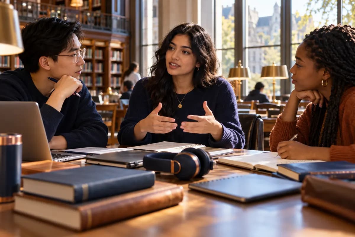 Illustration of three diverse adult international university students rehearsing an academic presentation around a sunlit campus library table, one speaking while two listen and review notebooks, headphones and closed books on the table, navy blue and warm copper details, cinematic candid documentary photograph..